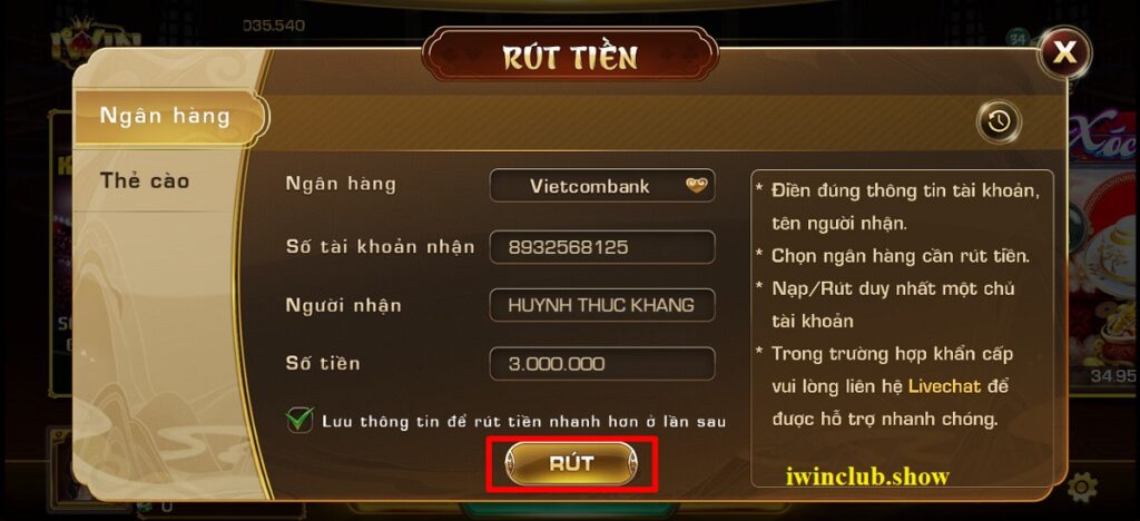 Thực hiện rút tiền về tài khoản IWIN CLUB