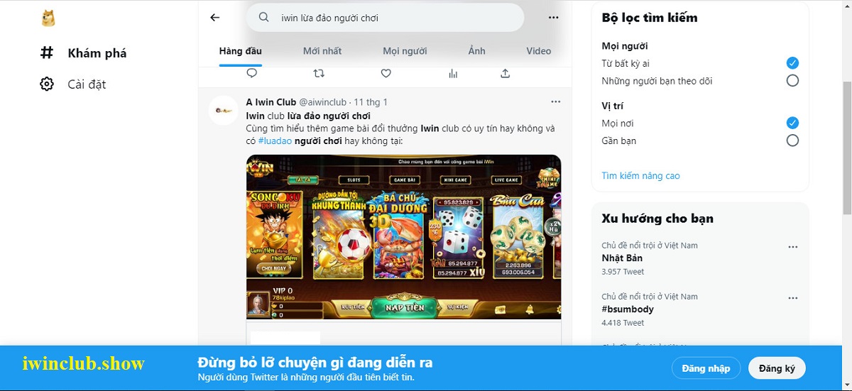 kiểm tra phốt game IWINclub trên twitter