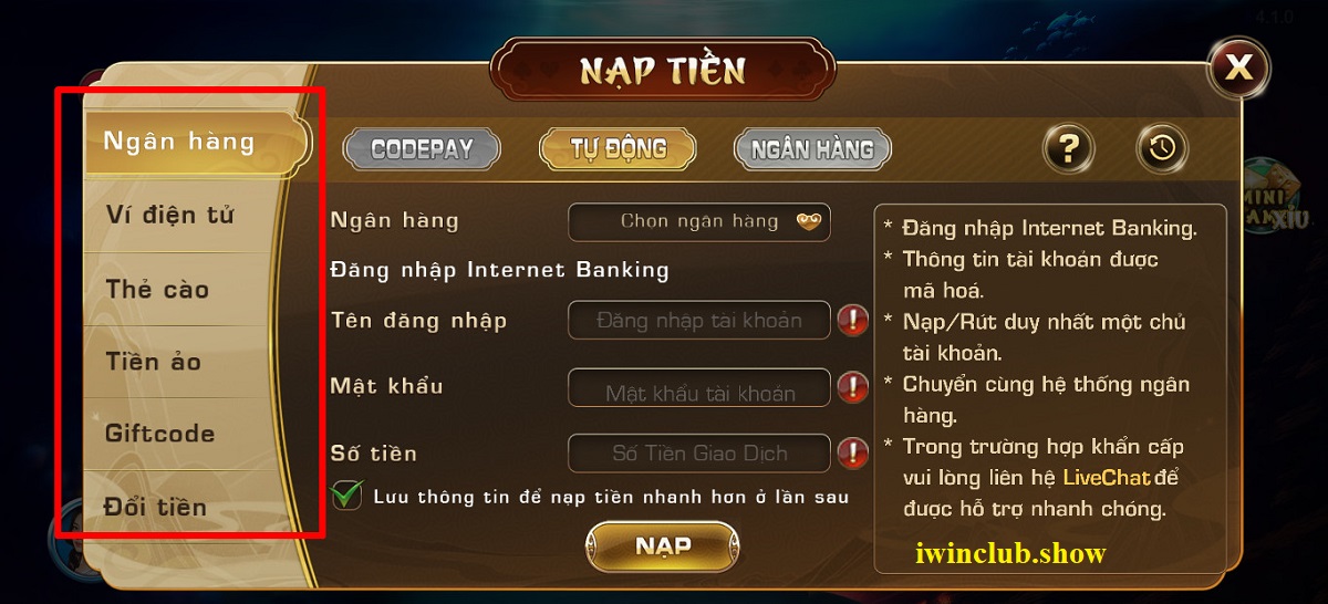 Lựa chọn phương thức nạp tiền