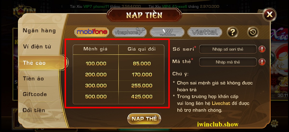 chọn số tiền muốn nạp